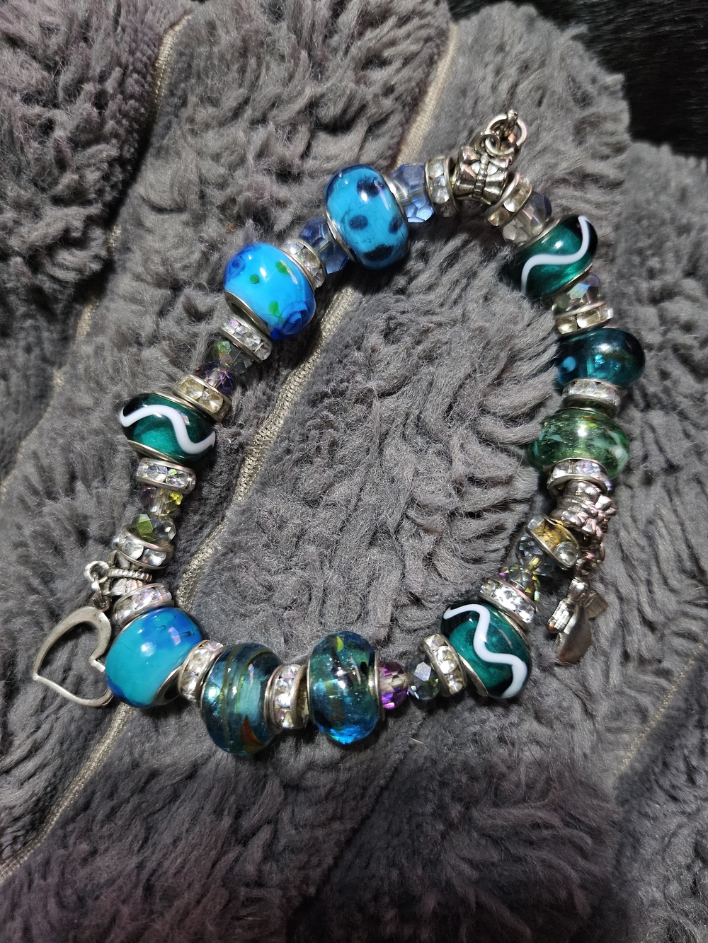 Pandora Like Blue & Green Glass Bead Bracelet with Heart Charm
